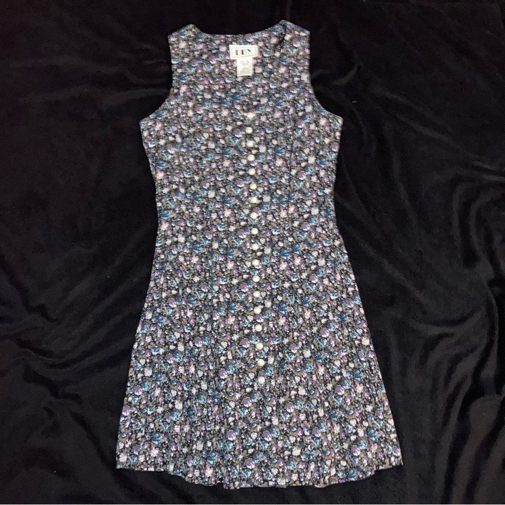 Vintage DBY Junior 3 faux pearls button front floral dress with corset tie back